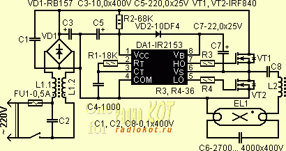Схема электроного балласта на микросхеме IR2153
