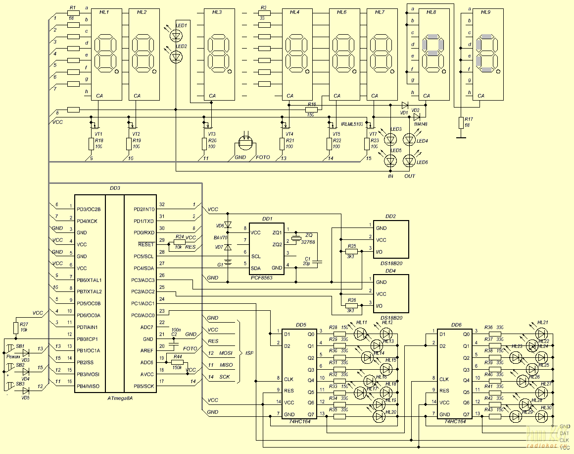 Схема часов на микроконтроллере atmega8