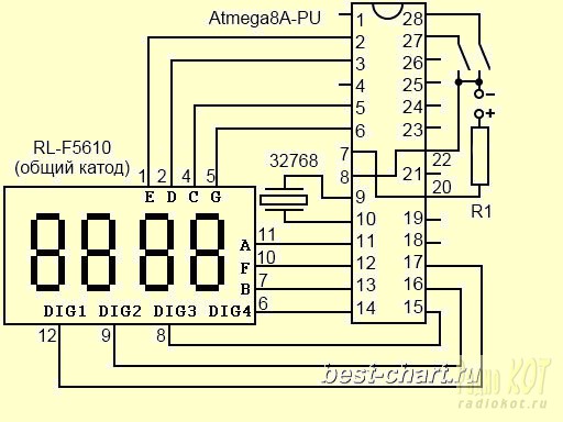 Схема часов на микроконтроллере atmega8